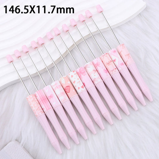 DIY Beadable Pen with Cute Bowknots Hearts, Pink Color Series, 147MM