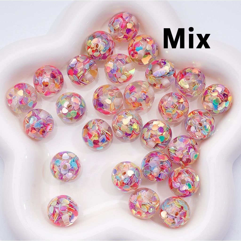 UV Coating Multi-Color Shiny Heart Flakes Inside Round Acrylic Beads, 16MM