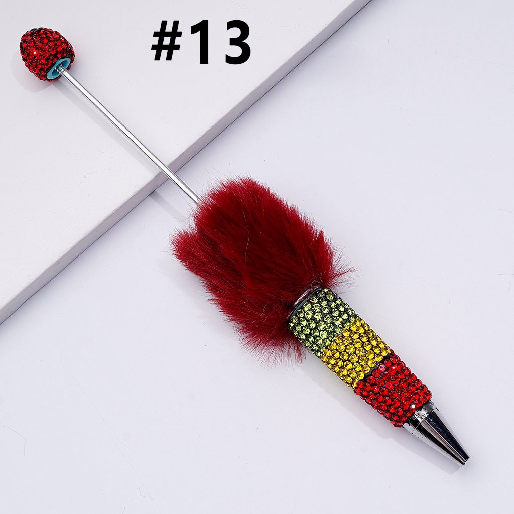 Beadable Clay Pom Pom Pens with Green Yellow Red Shiny Rhinestones Covered the Entire Pen
