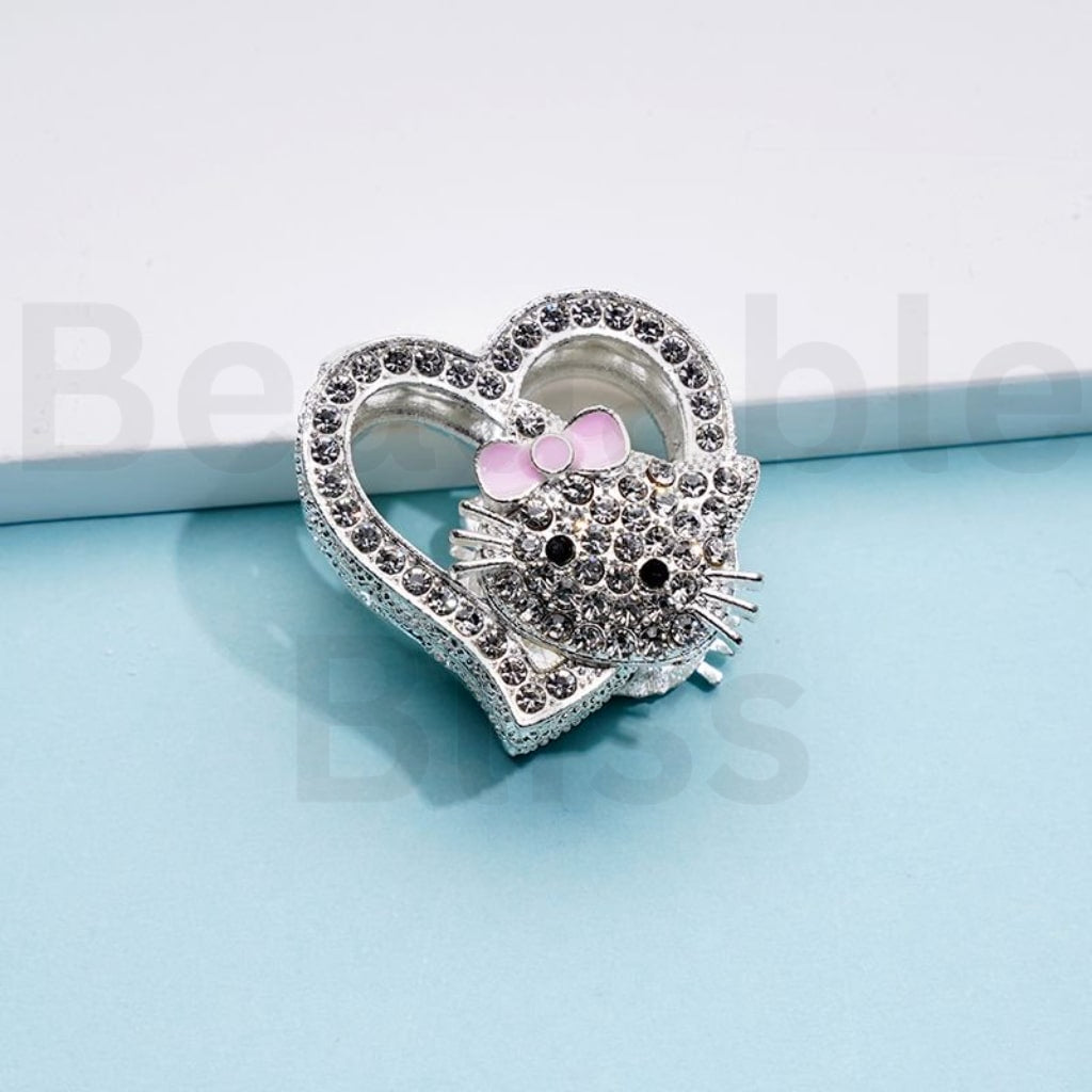 Vivid Cute Silver Alloy Heart HK Kitten with Clear Rhinestones Beads, Around 27*28MM