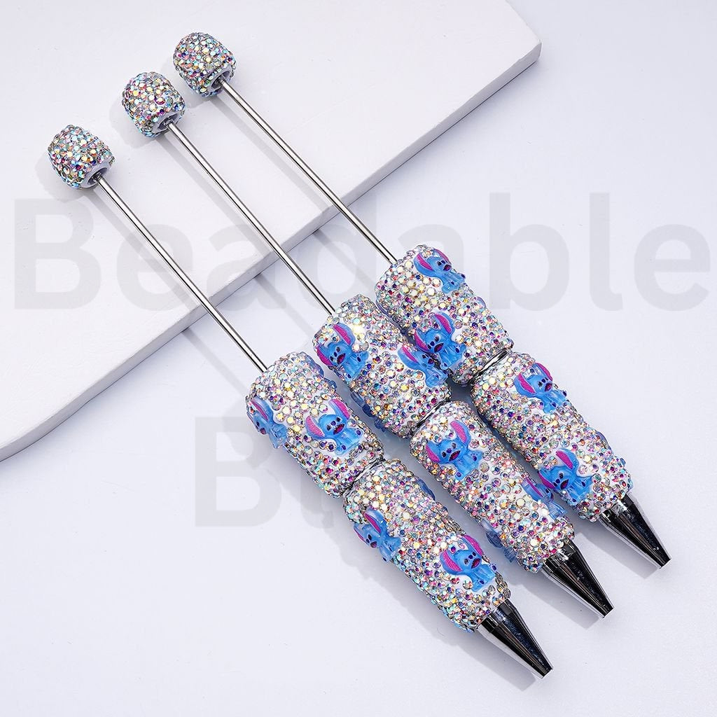 Beadable Clay Pens with Cute Blue Chaos Cub AB Rhinestones Covered the Entire Pen