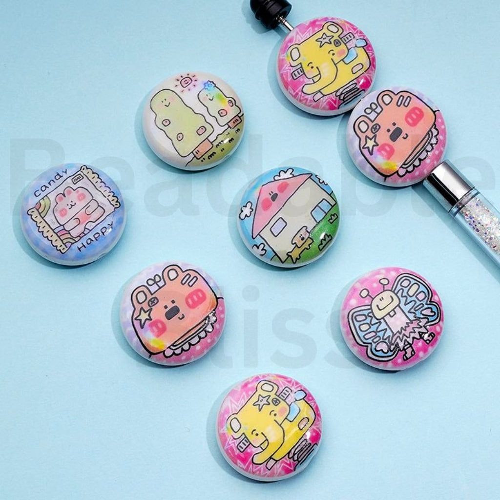 Cute Cartoons Round Flat Acrylic Beads, Random Mix, Around 28MM