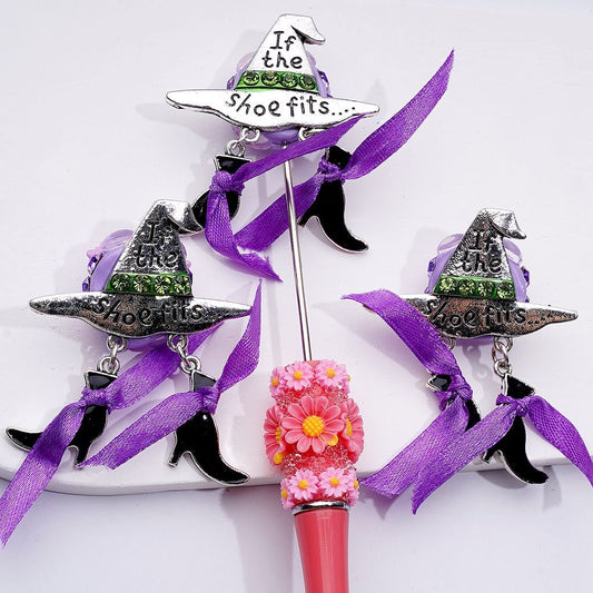 Exquisite Fancy Silver Alloy Wizard Hat Halloween with Shoes Pendant Purple Fabric Ribbon Shiny Rhinestones Cute Butterflies Hearts Snowflakes Flowers Clay Beads, Around 46*31MM