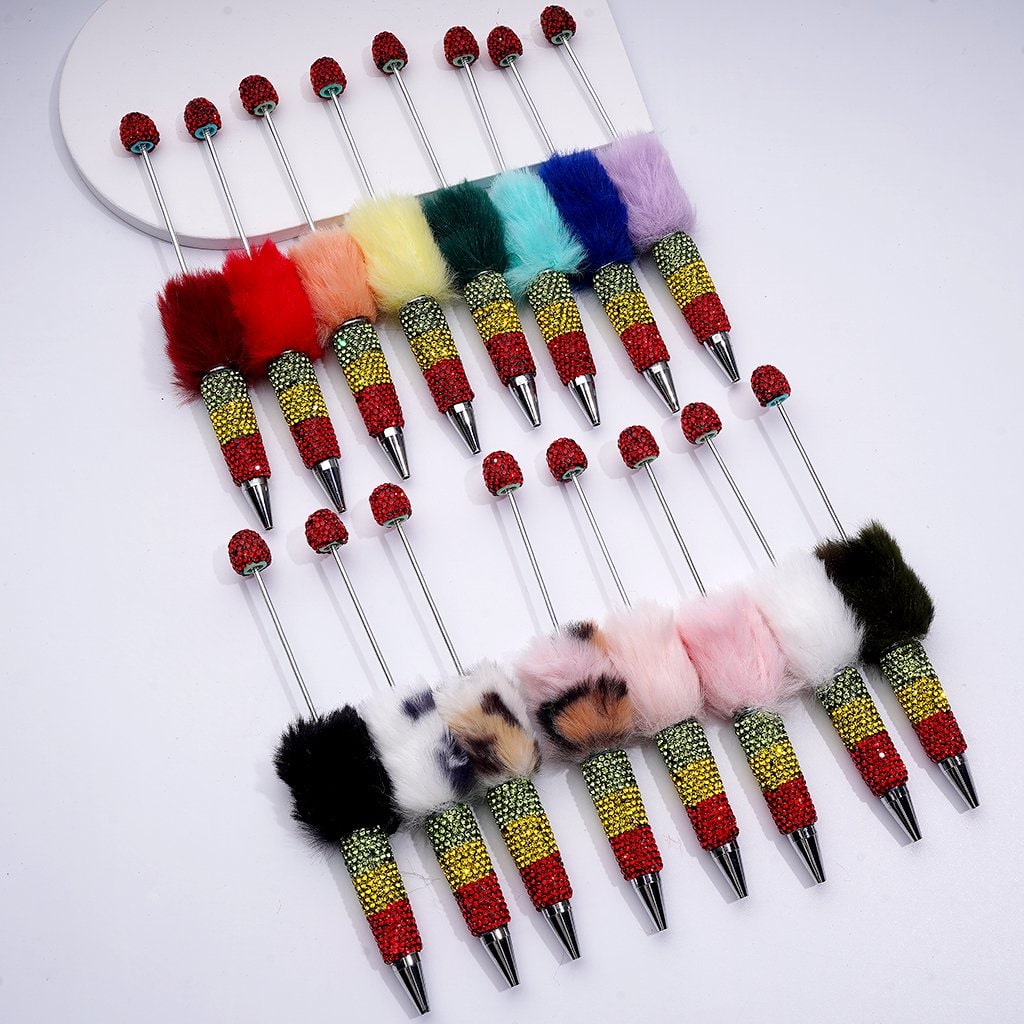 Beadable Clay Pom Pom Pens with Green Yellow Red Shiny Rhinestones Covered the Entire Pen
