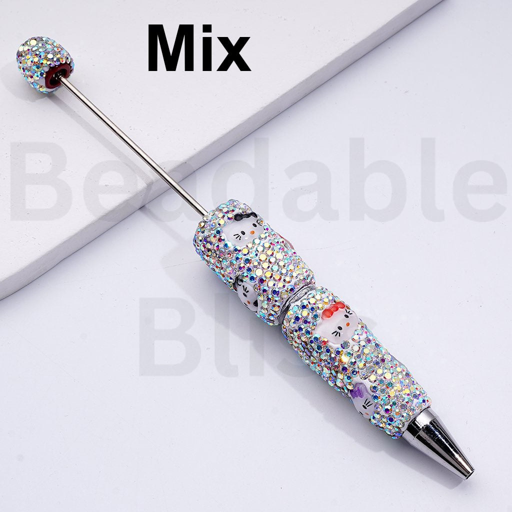 Beadable Clay Pens with Cute HK Kitten Head AB Rhinestones Covered the Entire Pen, Random Mix