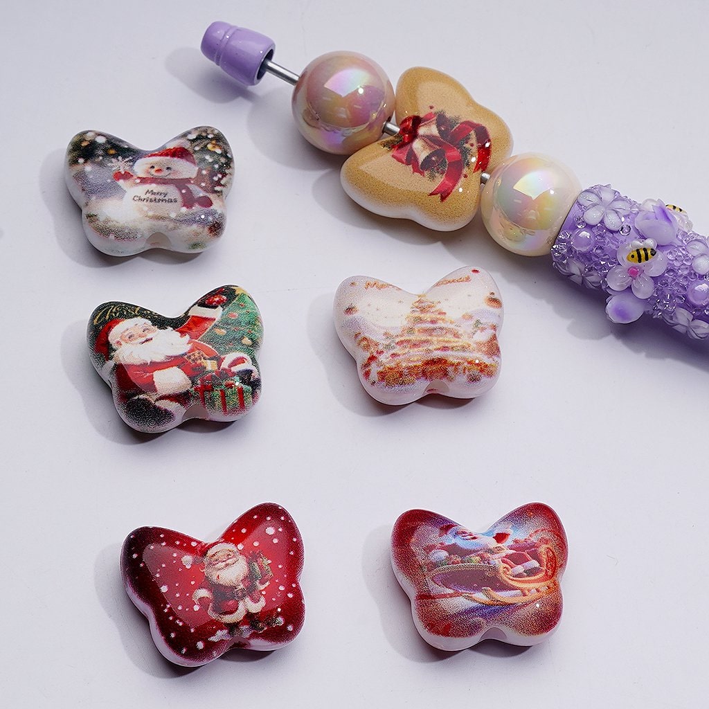 Merry Christmas Series Butterfly Shape Acrylic Beads, 26*22MM, Random Mix