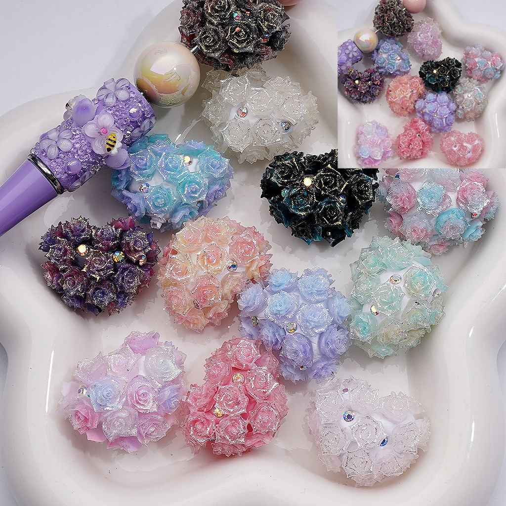 Color Changing Glitter Flowers AB Rhinestones Heart Shape Clay Beads,30*23MM, Random Mix