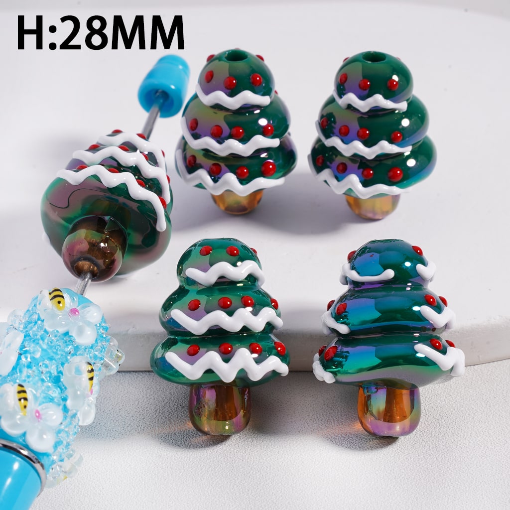 Acrylic Beads UV Coating Green Christmas Tree with Red Spot White Wave Line Height 28MM