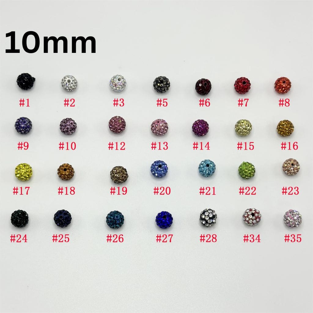 A collection of multicolored 10mm clay beads with sparkling rhinestone effects, displayed in a grid format.