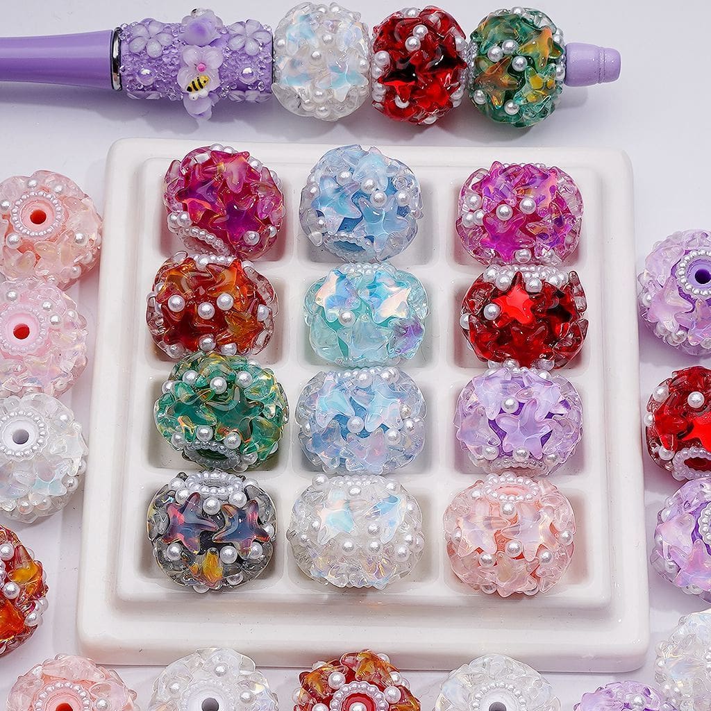 Multi-Color Shiny Stars White Pearls Round Acrylic Beads, 22*18MM