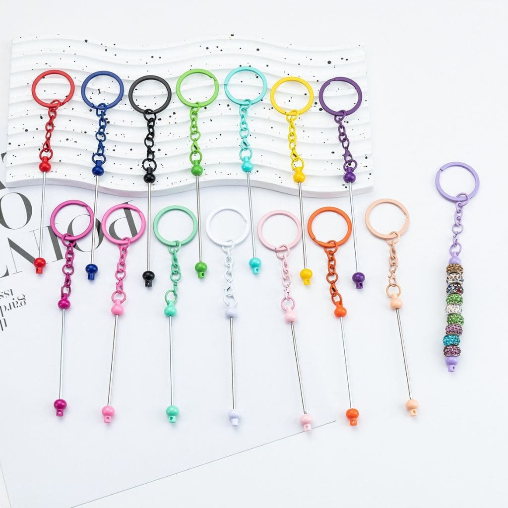 New Style DIY Beadable Metal Keychain with Bar in Solid Color, 153MM, the Small Ball is Plastic Material