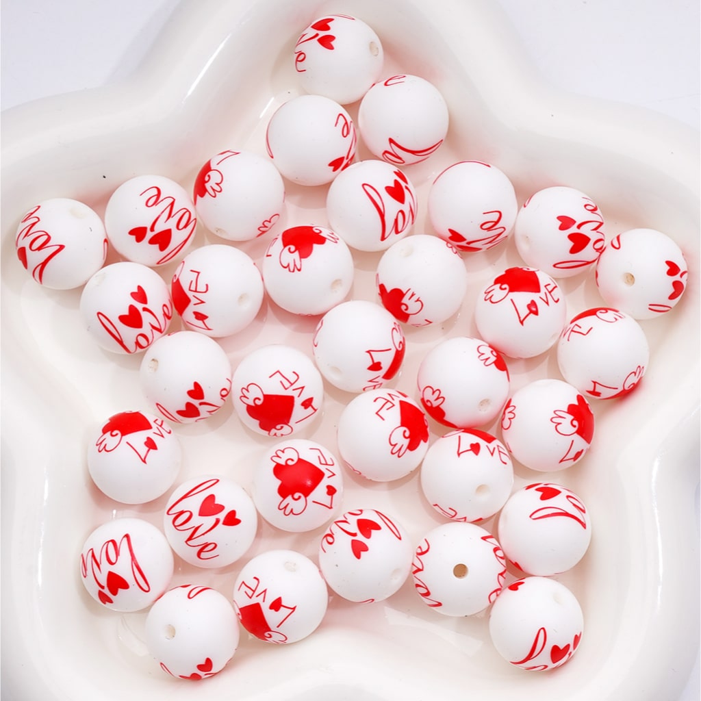 Printed Silicone Beads Red Love Heart Valentine's Day Prints, White 15MM, Numer Z-00282