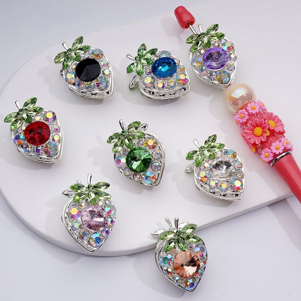 Fancy Silver Alloy Starwberry Beads with Multi-Color Cone Shape Green Leaf AB Rhinestones, 22*33MM