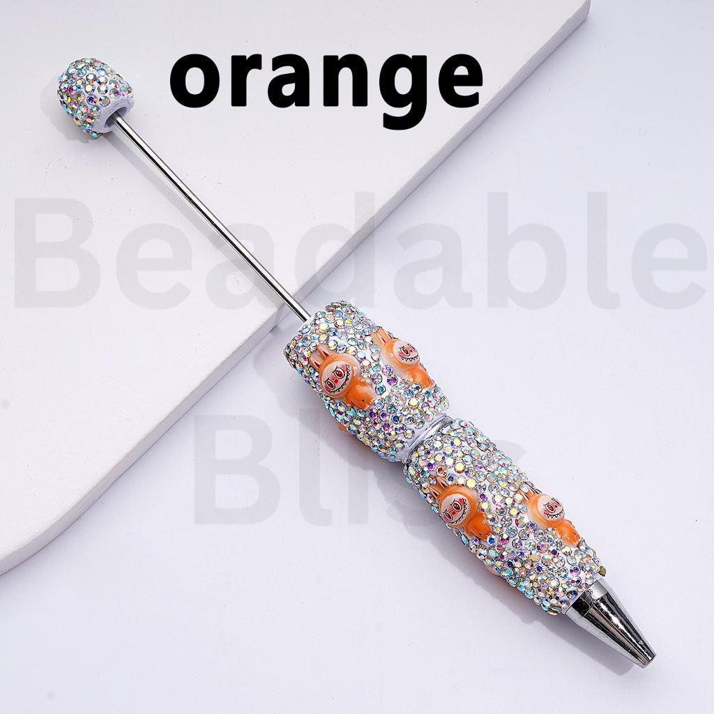 White Color Beadable Clay Pens with Cute Labub Monster Pop Mar AB Rhinestones Covered the Entire Pen