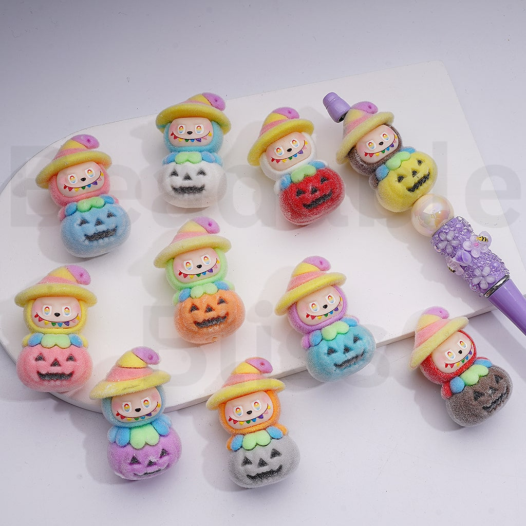Cute Flocked Labub with Magic Hat on a Ghost Face Pumpkin Halloween Pendants Pen Topper Acrylic Beads Jewelry Accessories, 44*28MM, Random Mix