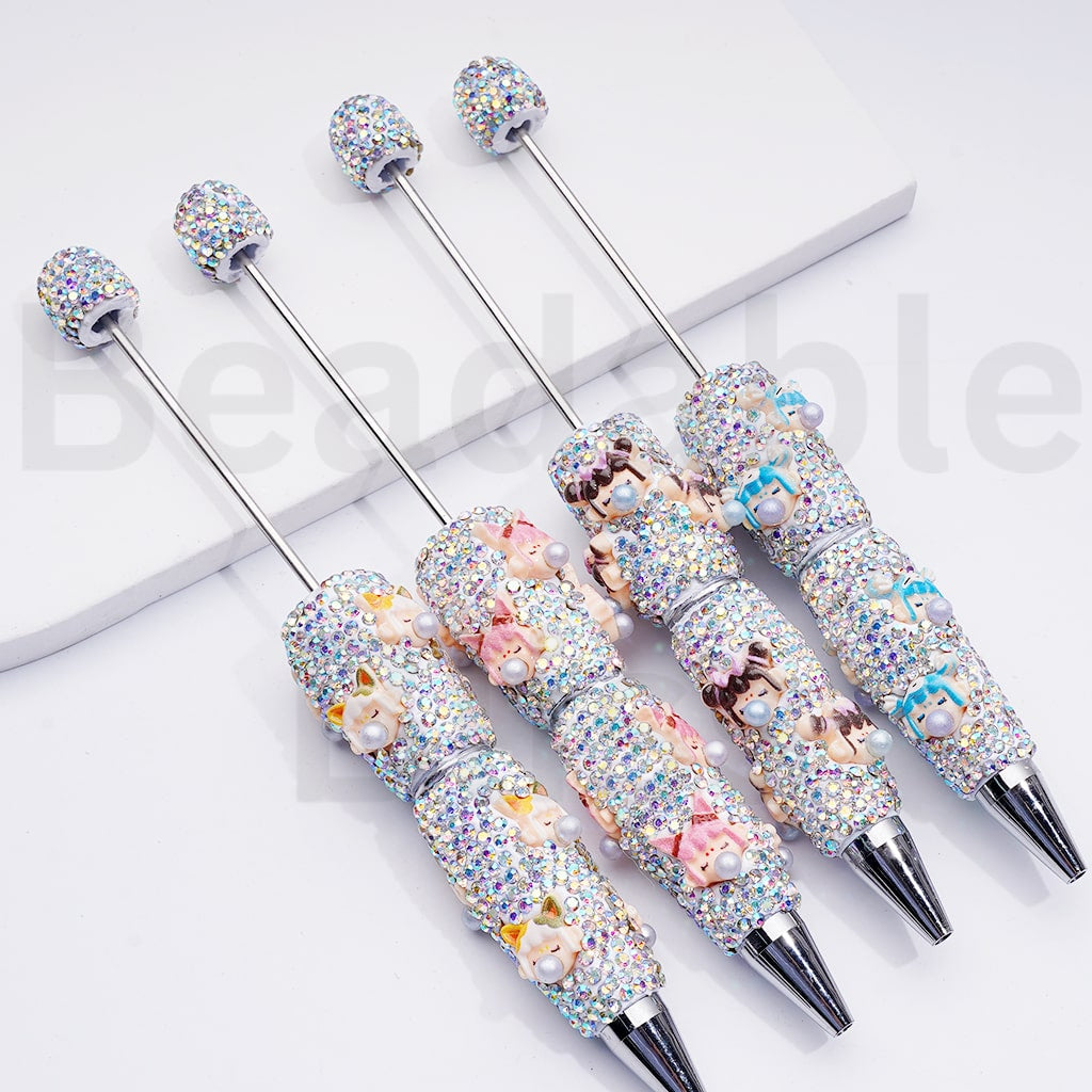 Cute Girl Po Mar White Pearls AB Rhinestones Clay Pens