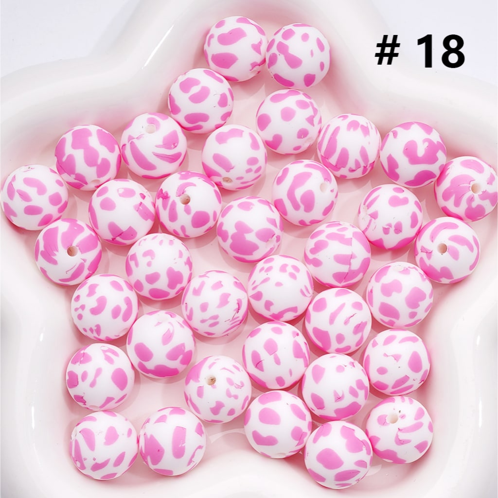 Multi- Color Cow Prints Silicone Beads 15MM, Number Z-00276