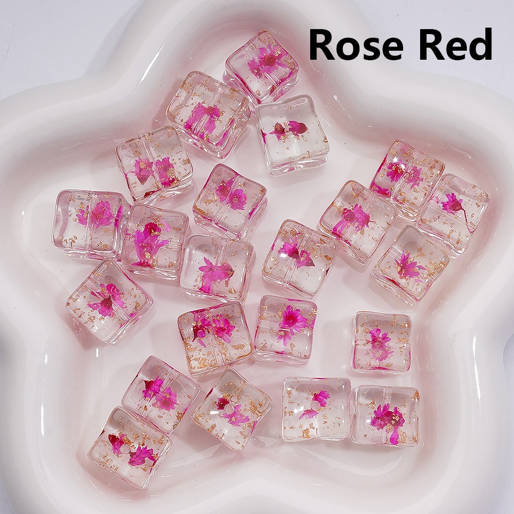 Multi-Color Dried Flowers Gold Foil Paper Inside Clear Cube Square Acrylic Beads, 14-15MM (Single Color is available for 200pcs(Whole bag))