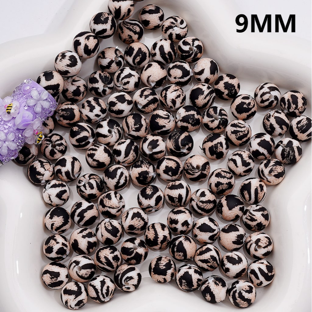 Black Brown Leopard Printed Silicone Beads 9MM, Number Z-00265