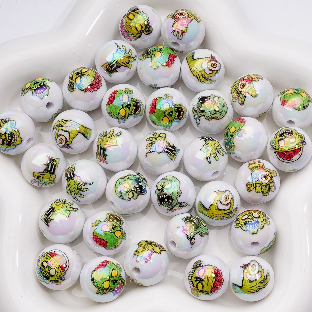 UV Coating Horror Green Zombie Halloween Round Acrylic Beads, 16MM, Random Mix