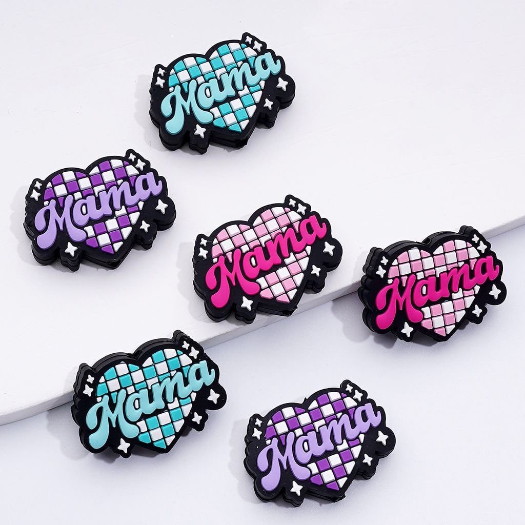 マルチカラー ホワイト チェック柄 ハート ママスター シリコン フォーカルビーズ ランダムミックス