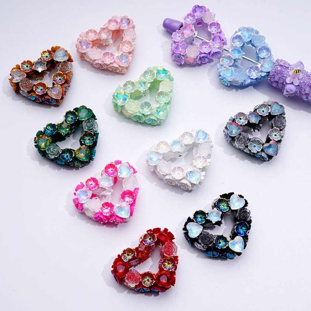 Bling Bling Colorful Heart Frame with Shiny Flowers Hearts Stars Clay Beads, Around 36*29MM, Random Mix