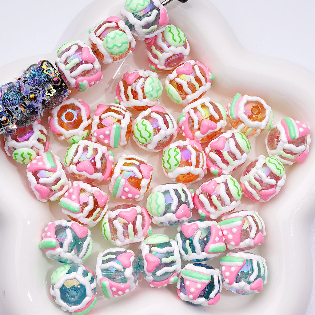 Cute Watermelon Hearts Clear Colorful Round Acrylic Beads, 16MM, Random Mix