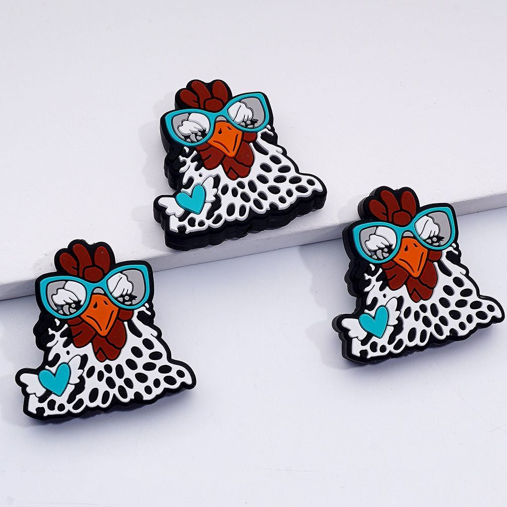 Cool Cock Rooster with Blue Glasses Silicone Focal Beads