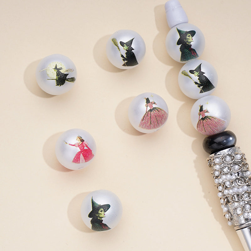 Frosted Matte Magic Witches White Round Acrylic Beads, 16MM, Random Mix