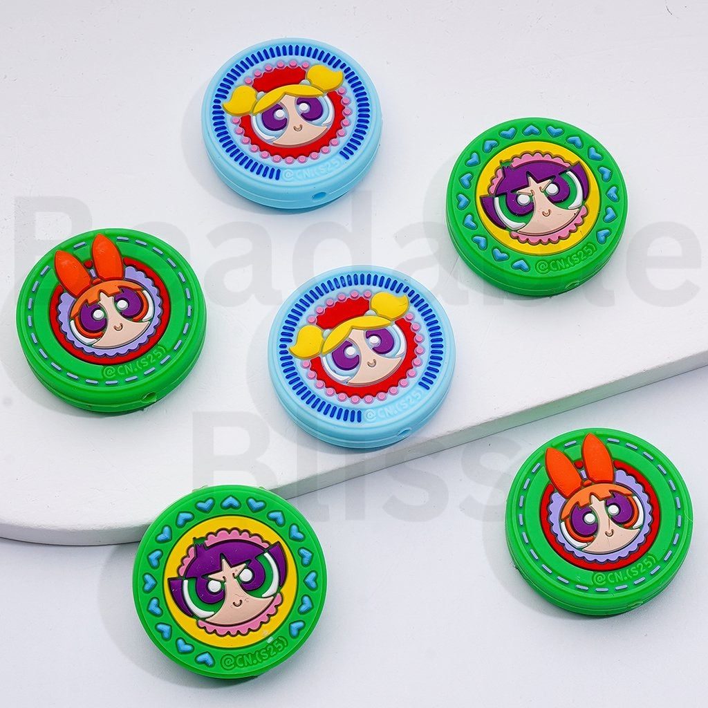 Cute Powerpuf Girls Blosso Bubbl Buttercu Round Silicone Focal Beads