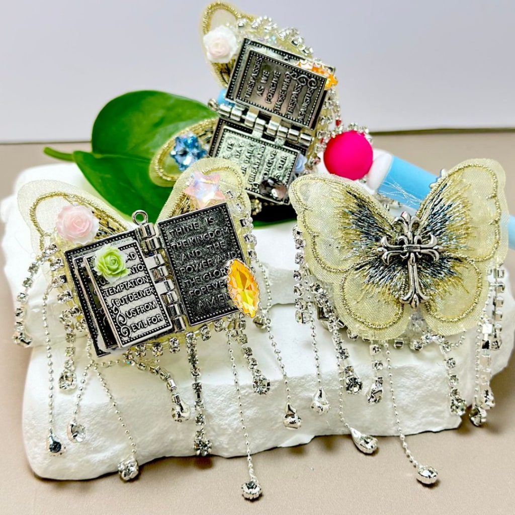 Delicate Fancy Gun Black Alloy Book with Clear Rhinestone Chains Large Crescent Moon Covered by Sugar Exquisite Fabric Butterfly Mini Cute Flower Heart Star Diamonds Beads, Around 59*45MM, Random Mix