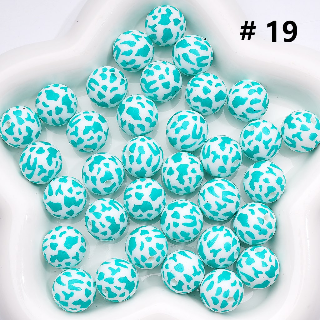 Multi- Color Cow Prints Silicone Beads 15MM, Number Z-00276