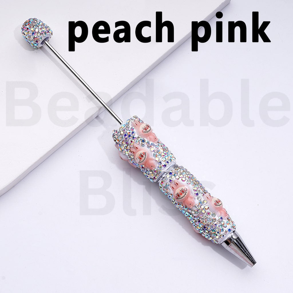 White Color Beadable Clay Pens with Cute Labub Monster Pop Mar AB Rhinestones Covered the Entire Pen