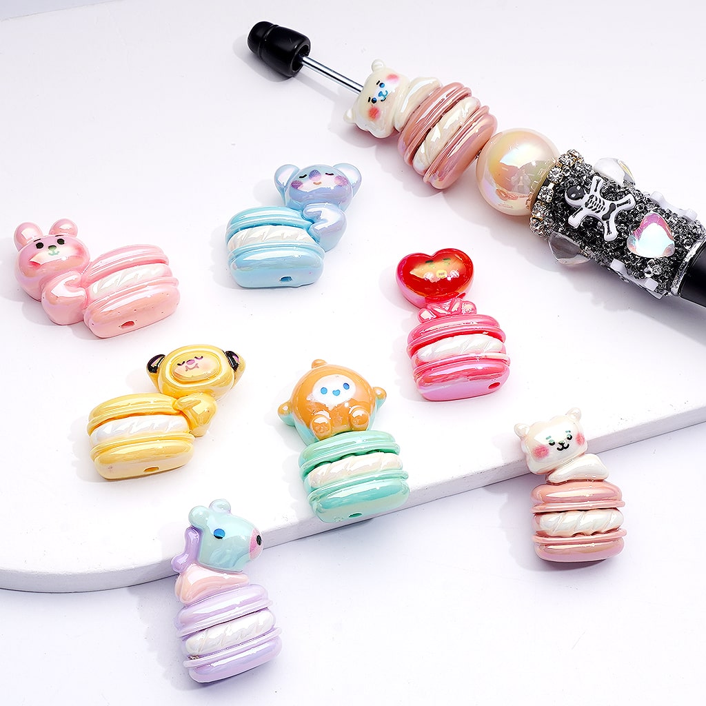 Acrylic Beads UV Coating Cute Animals Bunny Koala Puppy Pony with Multi-Color Cute Macaron Cookie, Random Mix