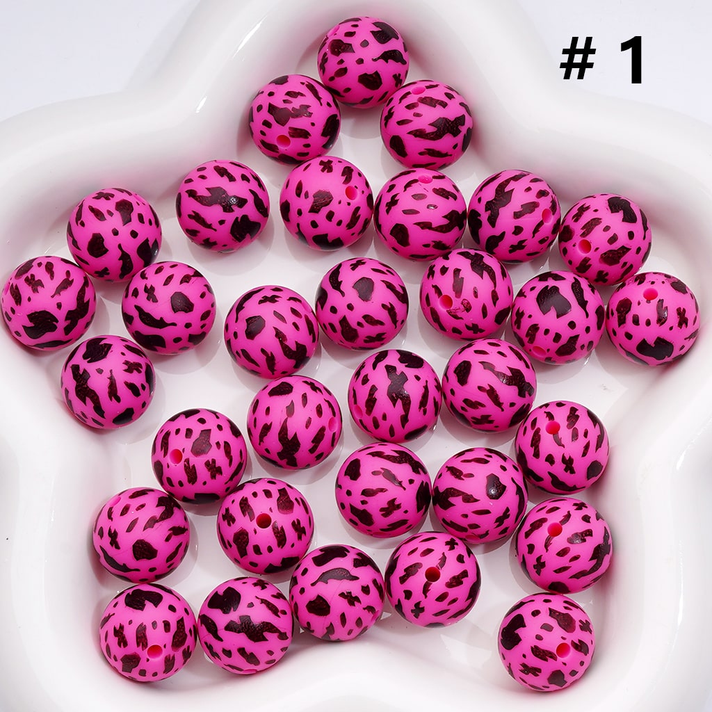 Multi- Color Cow Prints Silicone Beads 15MM, Number Z-00276