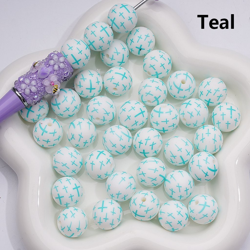 Mini Multi-Color Crosses Printed Silicone Beads 15MM, Number Z-00248