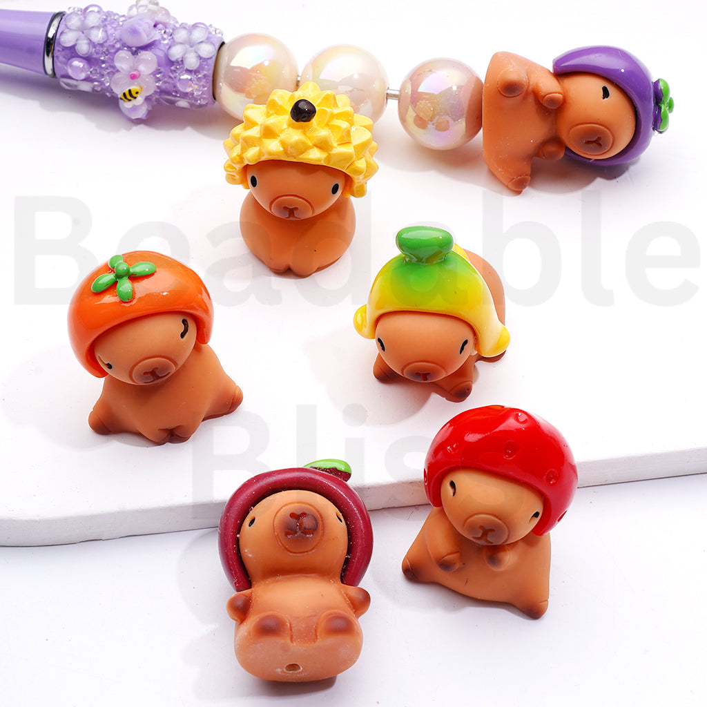 Little Cute Capybara with Fruits Hats Acrylic Beads Pen Topper Pendants Jewelry Accessories