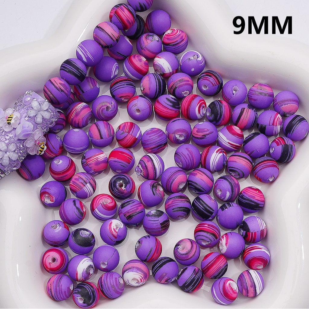Purple Red Black Swirls Printed Silicone Beads 9MM, Number Z-00266