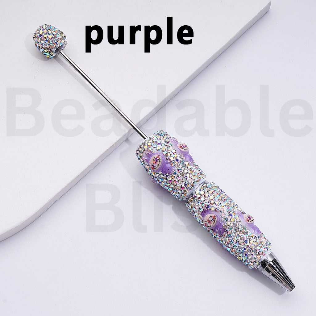 White Color Beadable Clay Pens with Cute Labub Monster Pop Mar AB Rhinestones Covered the Entire Pen