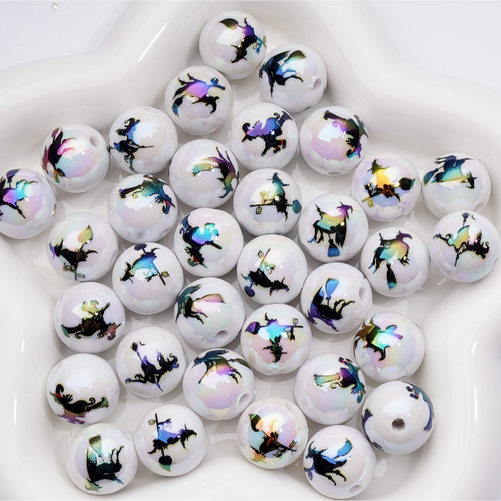 UV Coating Horror Witch Rides a Broomstick Halloween Round Acrylic Beads, 16MM