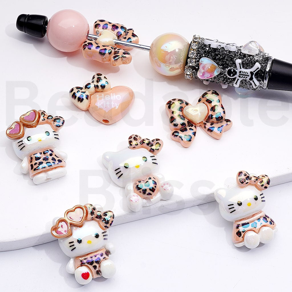 Acrylic Beads UV Coating Cute Sanri Hello Kitt in Leopard Prints Costume Heart Bowknot, Random Mix