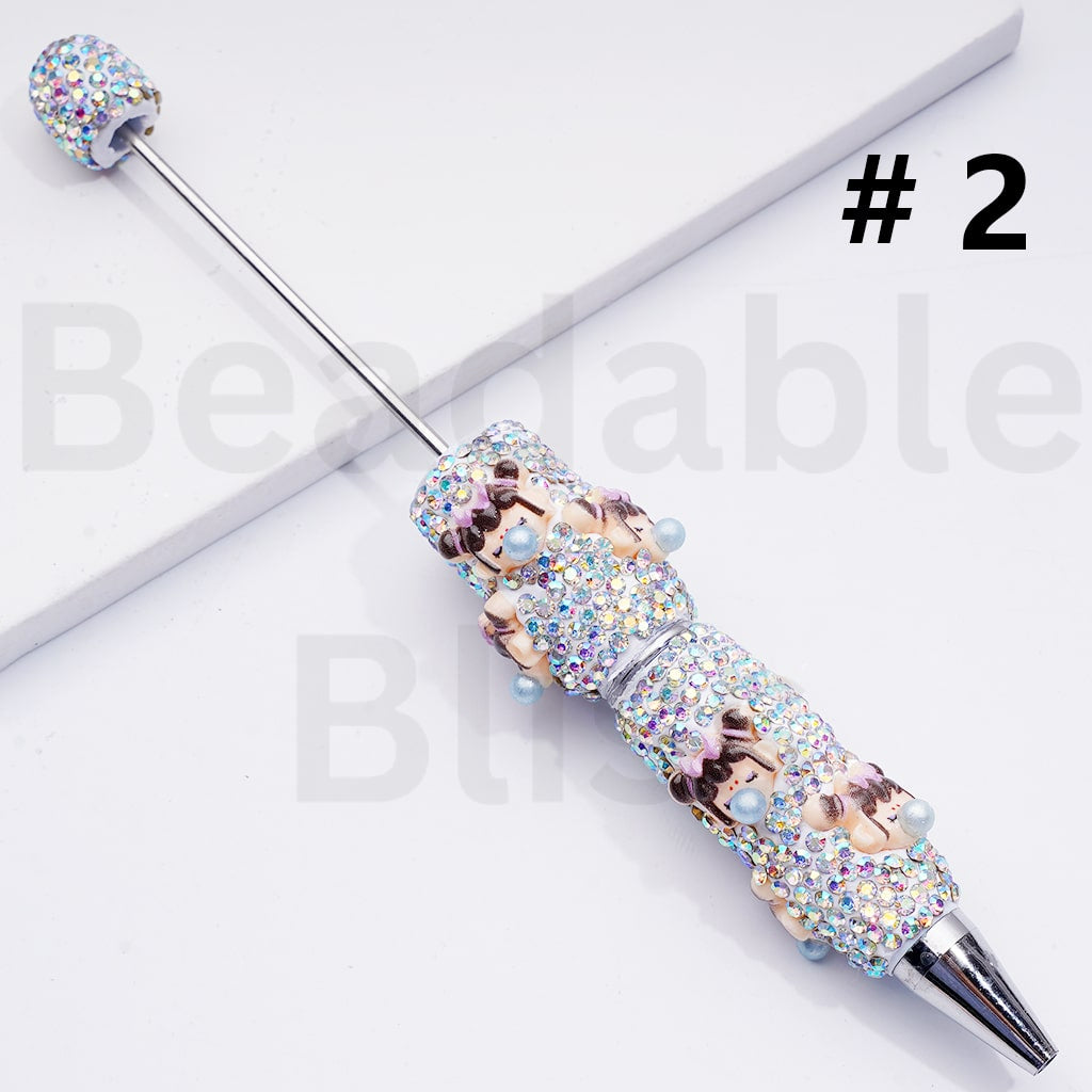 Cute Girl Po Mar White Pearls AB Rhinestones Clay Pens