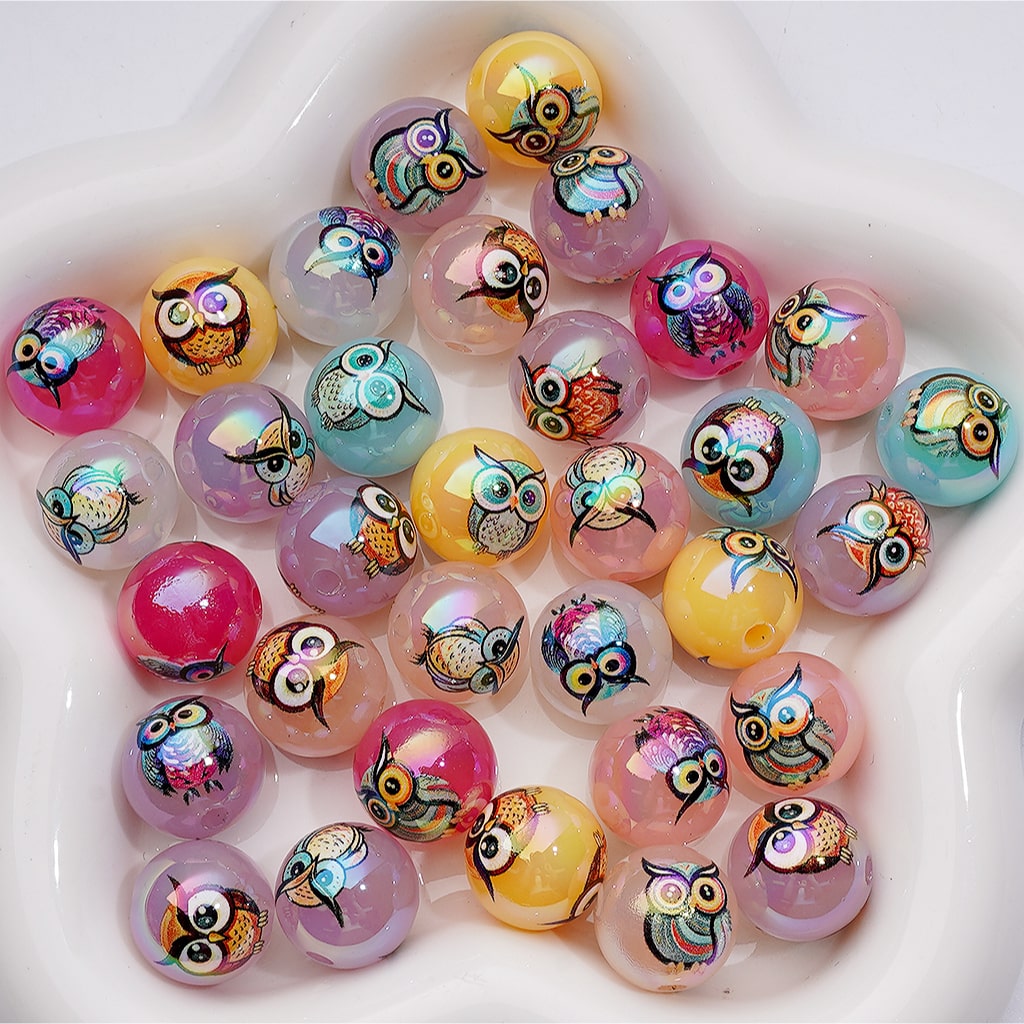 UV Coating Cute Multi-Color Owl Clear Jelly White Round Acrylic Beads, 16MM