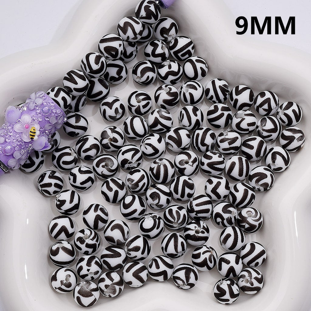 Black Stripes Printed White Silicone Beads 9MM, Number Z-00267