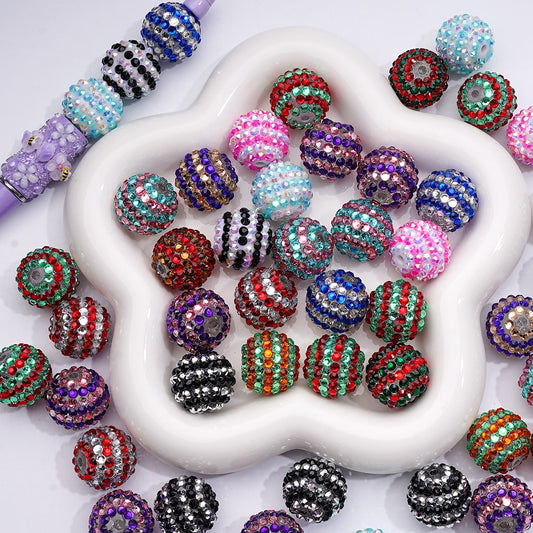 Double Color Shiny Rhinestones Stripes Round Acrylic Beads, 20MM