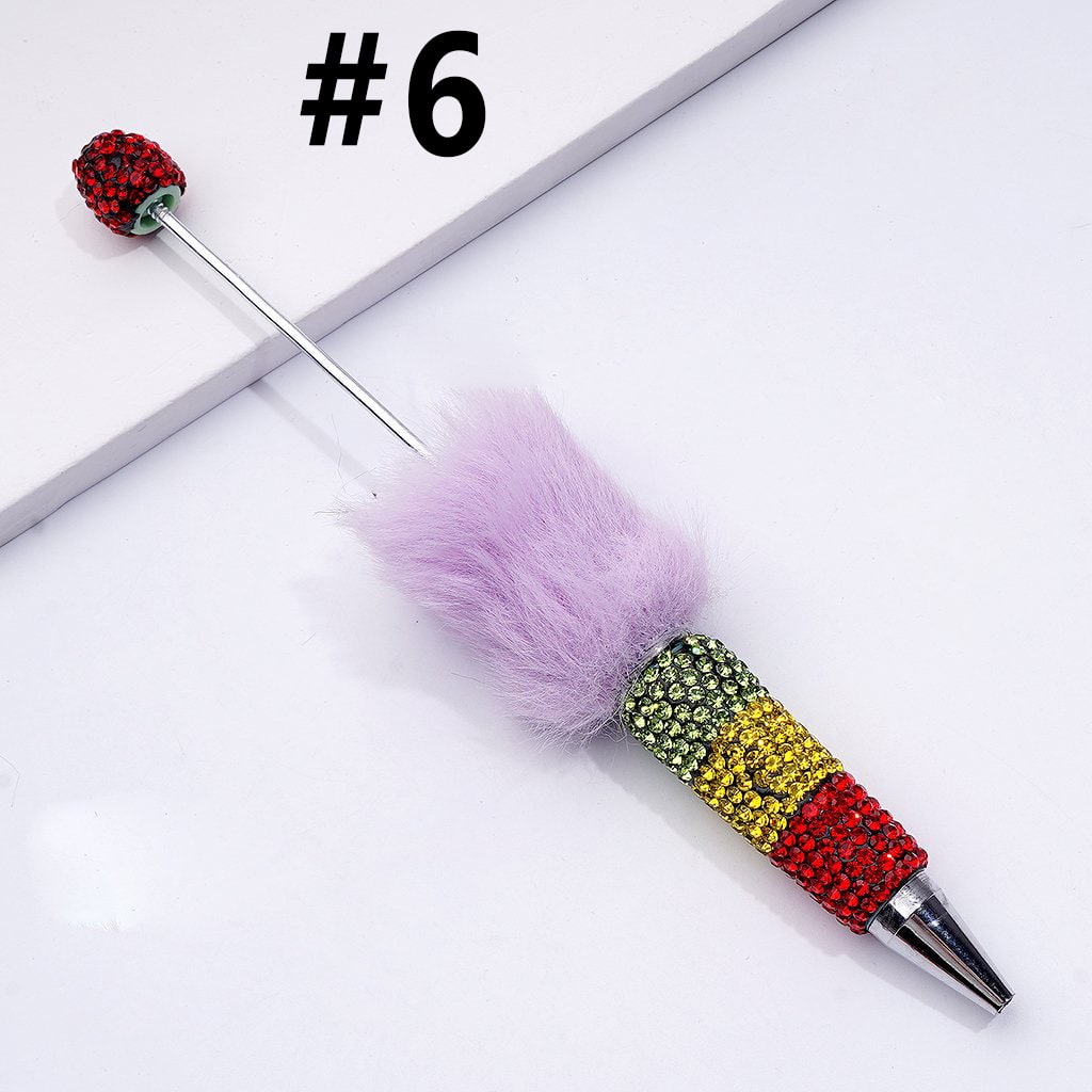 Beadable Clay Pom Pom Pens with Green Yellow Red Shiny Rhinestones Covered the Entire Pen