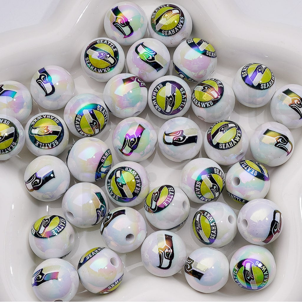UV Coating USA American Football Teams NF Round Acrylic Beads, 16MM, Random Mix Teams and Single Team are Both Available to Choose