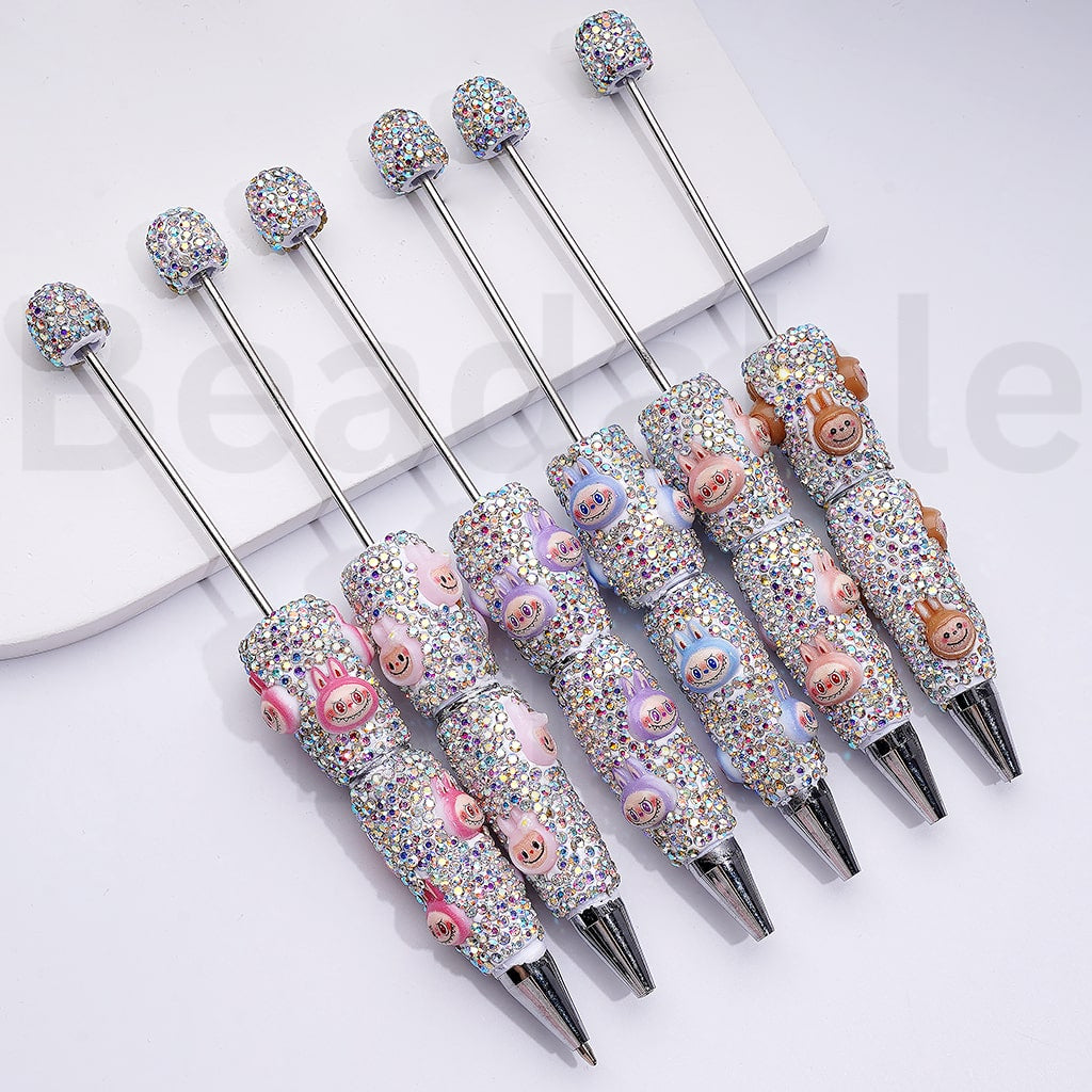 White Color Beadable Clay Pens with Cute Labub Monster Head Pop Mar AB Rhinestones Covered the Entire Pen