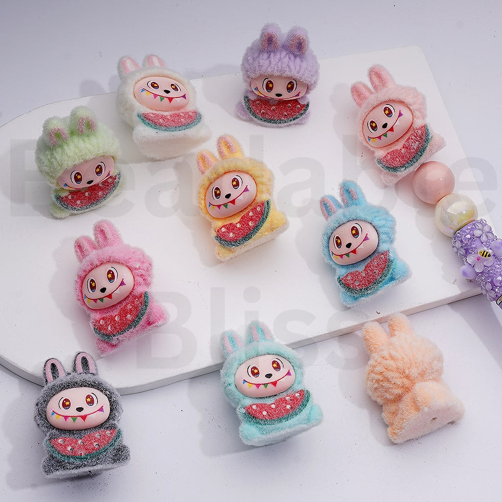 Cute Flocked Labub Eats Watermelon Pendants Pen Topper Acrylic Beads Jewelry Accessories, 40*28MM, Random Mix