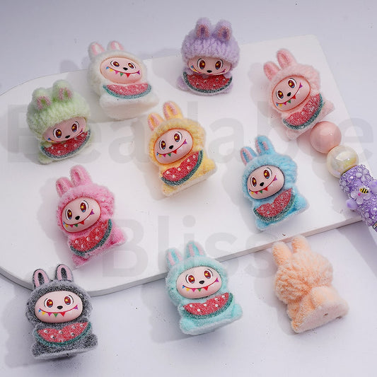 Cute Flocked Cartoon Fairy Toy Monster Doll Eats Watermelon Pendants Pen Topper Acrylic Beads Jewelry Accessories, 40*28MM, Random Mix
